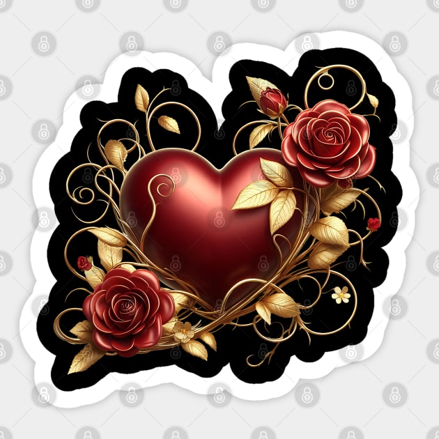 Valentines Day Red Heart, Red Roses, Golden Vines - Dark Sticker by Amanda Lucas